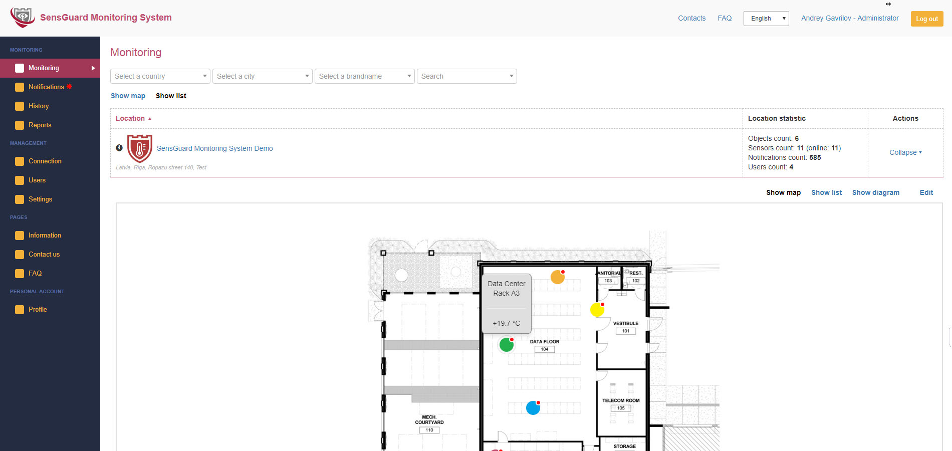 Datacenter floor overview with monitored zones