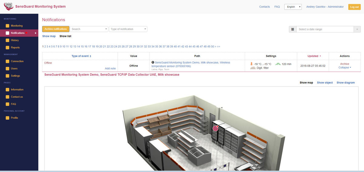 Store map with sensors placed on freezers and showcases