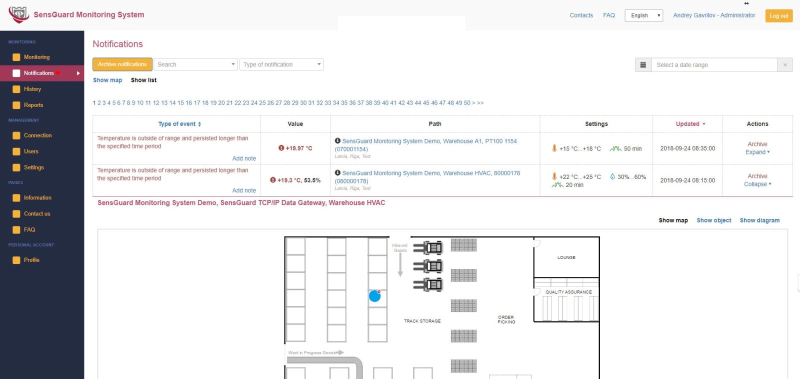 Warehouse map with sensors and monitored zones