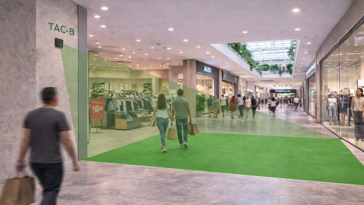 TAC-B radar people counter detecting passers-by in front of a retail store entrance