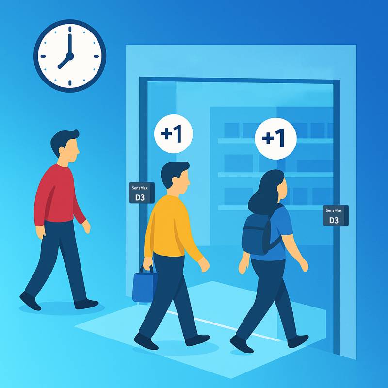 SensMax D3 TS people counting sensors at a mall entrance track shoppers with bags during a promotion to optimize occupancy and reduce queues.