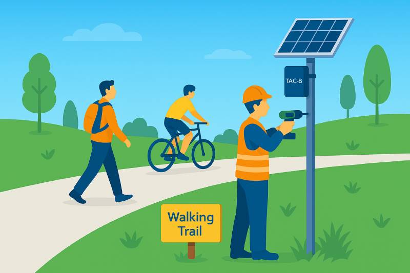 SensMax SPS20 solar power system with TAC-B sensor on 3m pillar beside walking trail