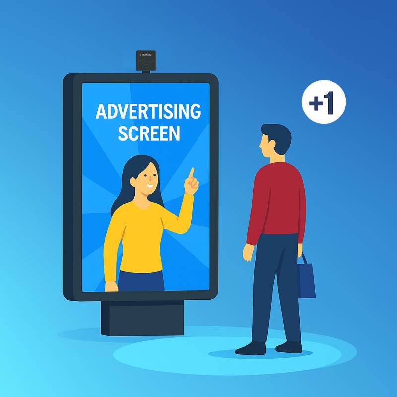 SensMax TAC-B 3D-W sensor mounted above a digital advertising screen in a shopping mall detecting people who stop in front of the display to measure engagement and visitor statistics